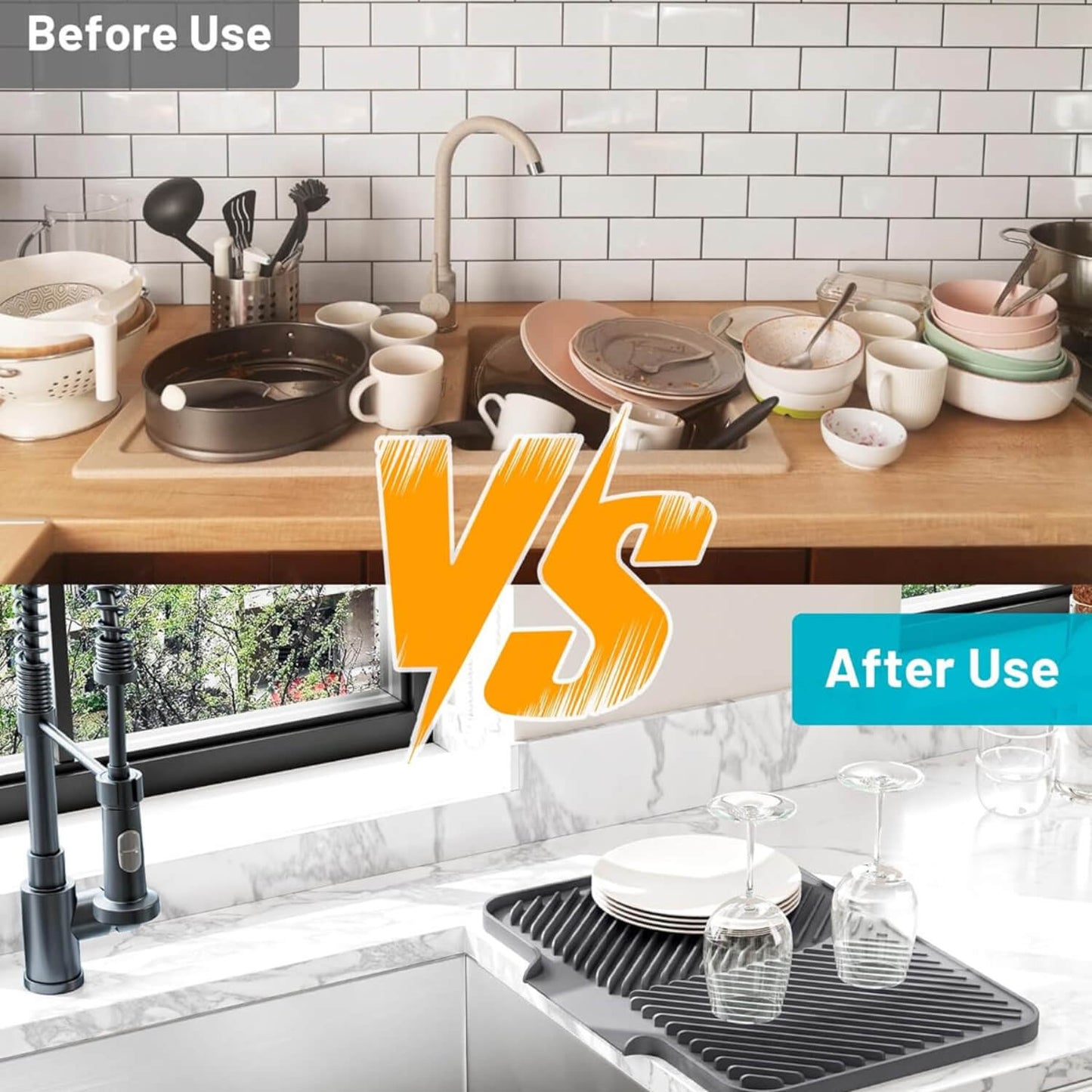 A before-and-after comparison of a kitchen sink drying rack. The top half shows a cluttered sink with dirty dishes and utensils under a white subway tile backsplash, labeled 'Before Use'.