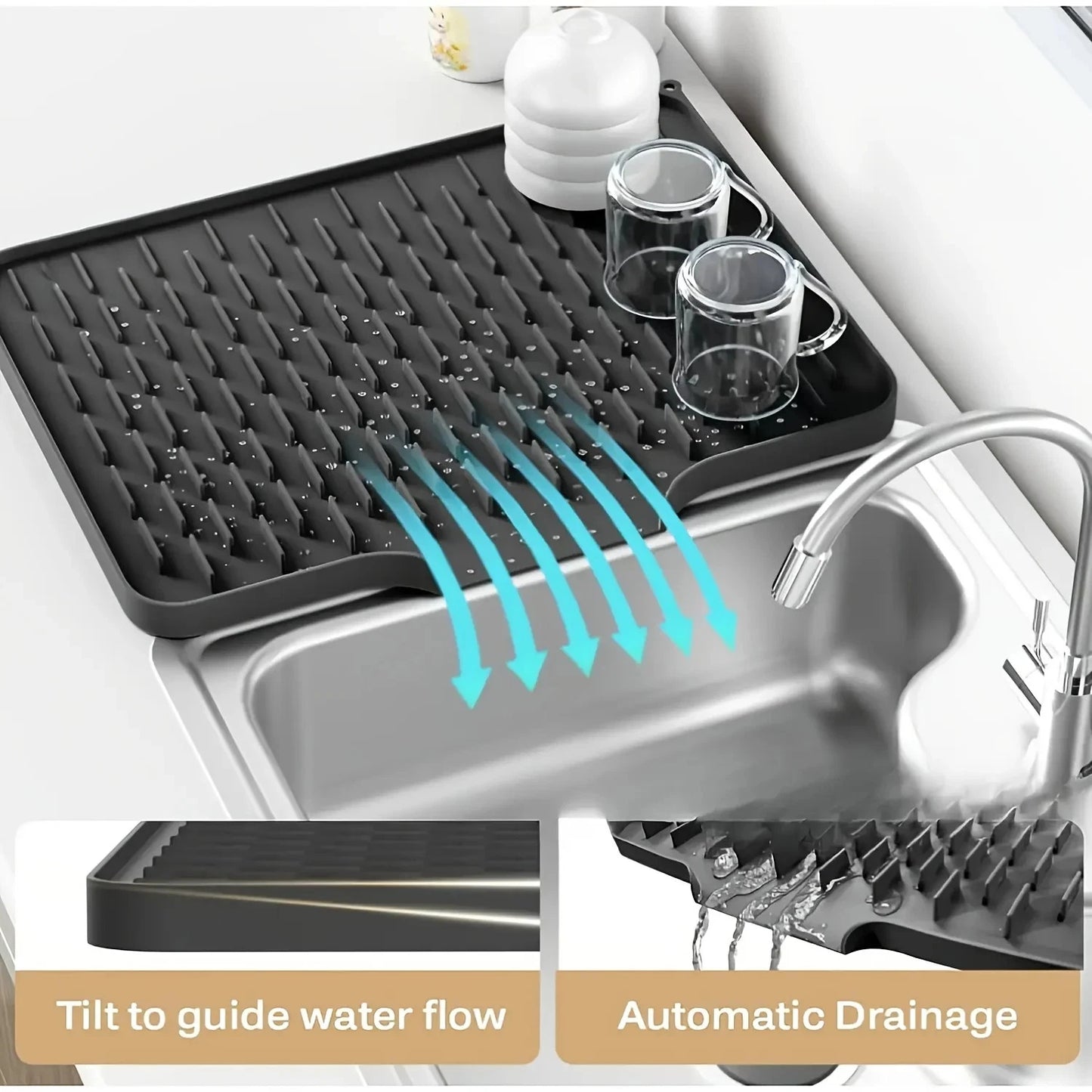 Black dish drying rack with water flow arrows over a sink