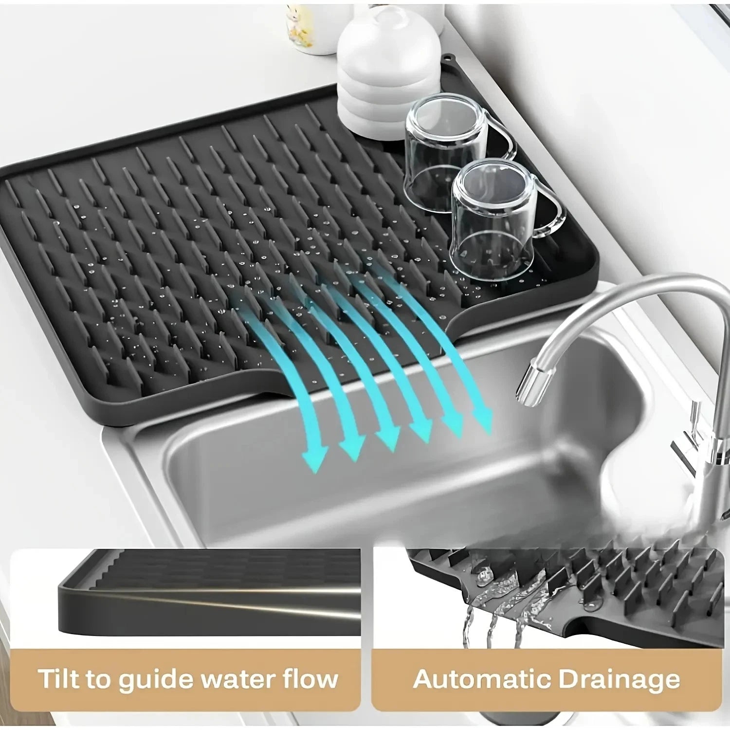 Black dish drying rack with water flow arrows over a sink