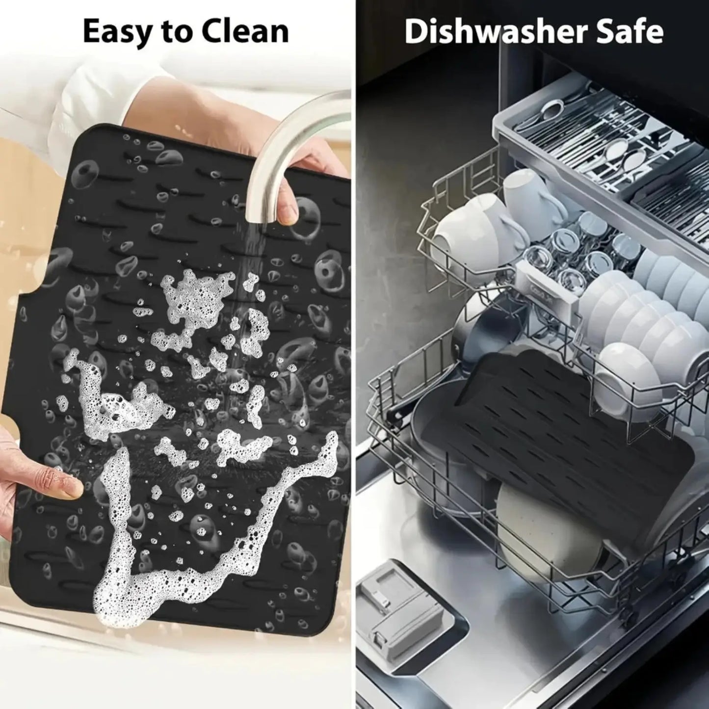 Black mat being washed with soap and water on one side, and in a dishwasher on the other side.